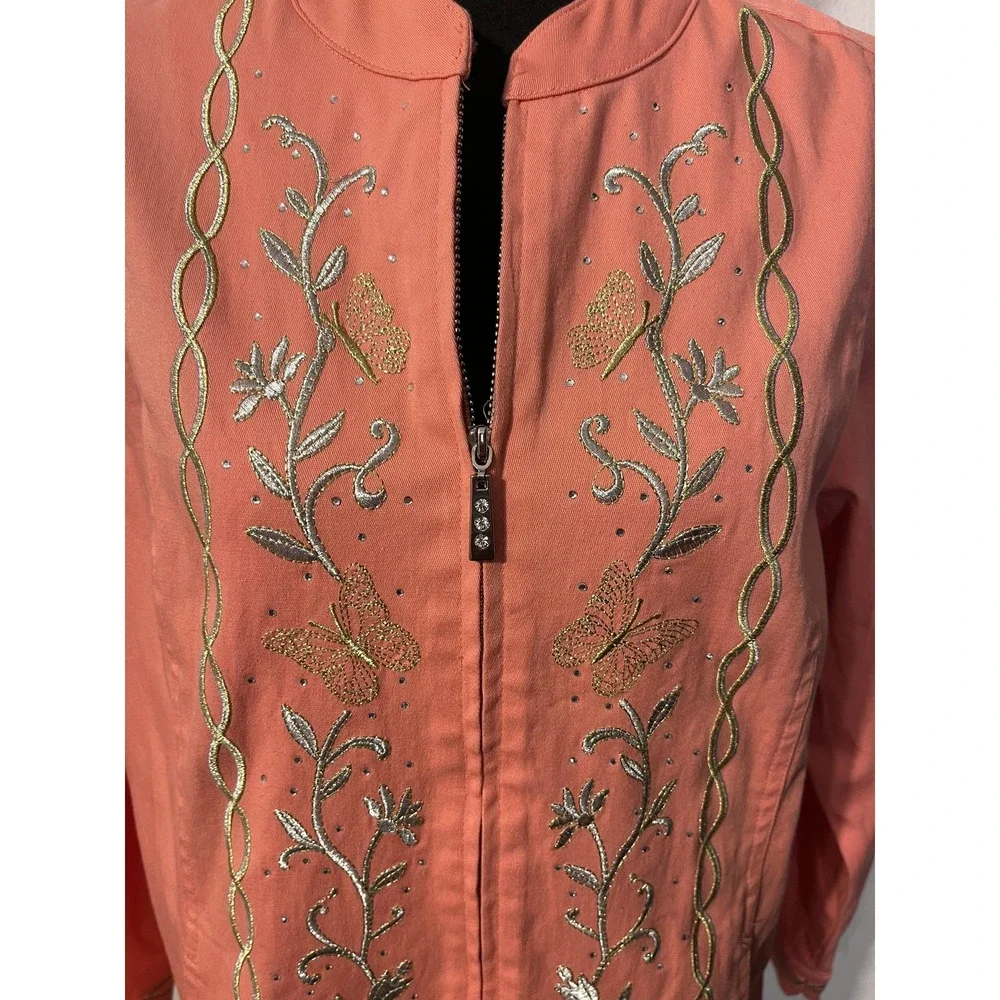 Quacker Factory Jacket Womens Medium Pink Embroidered Butterfly Floral Full Zip‎